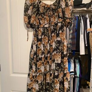 En Saison Brown and Tan Smocked Maxi Dress with Puff Sleeves